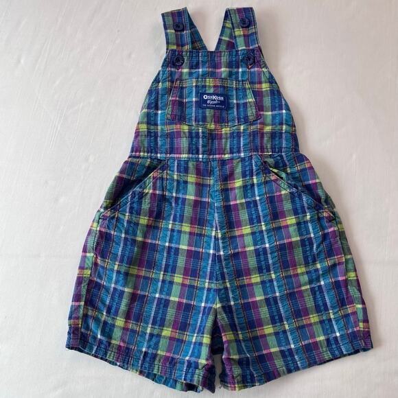 Oshkosh B’gosh Vintage Plaid Overall Shorts size 4T USA made Blue green purple - Picture 1 of 7